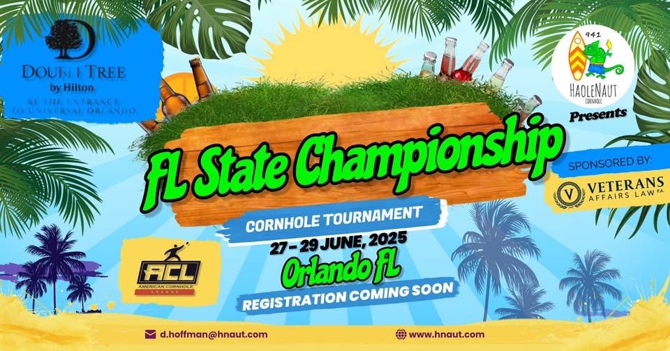 Announcement for the 2025 EL State Cornhole Tournament in Orlando.