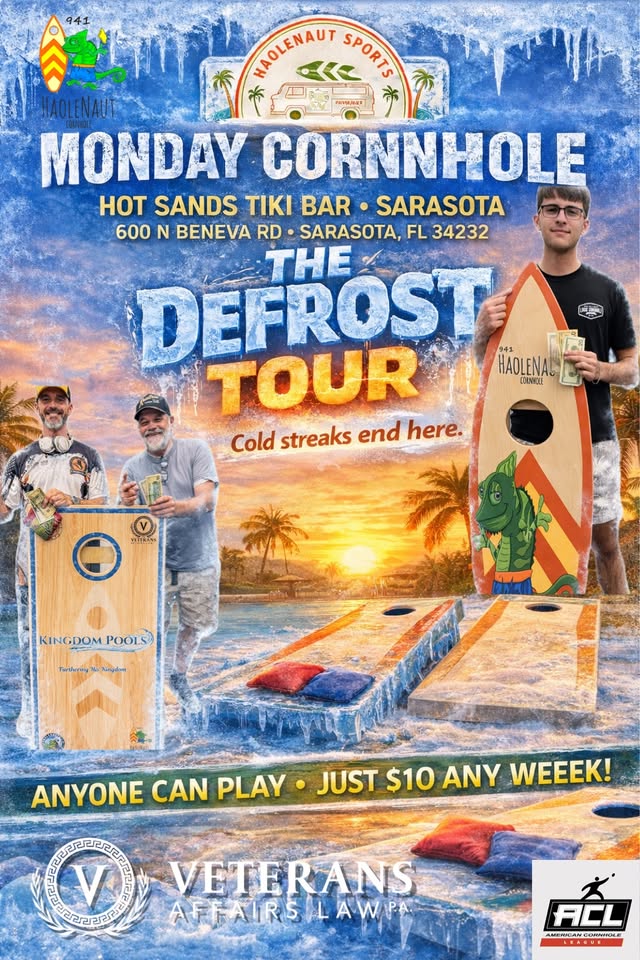 Colorful poster for The Defrost Tour beach event in Sarasota.