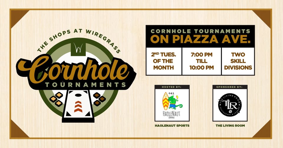 Event poster for cornhole tournaments at Wiekegas on Pizza Tuesdays.