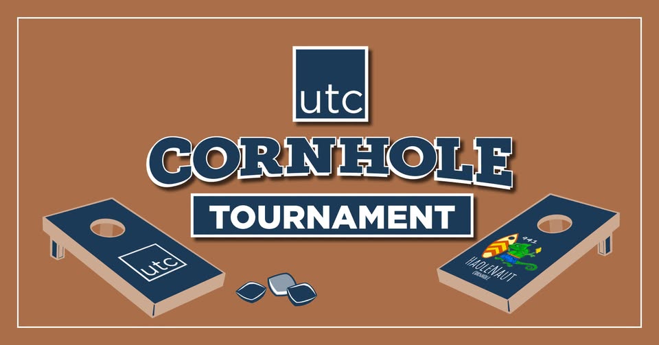 UTC cornhole tournament poster with two boards