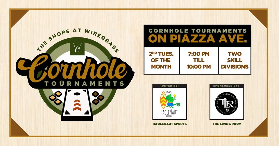 Cornhole tournaments poster on Piazza Ave