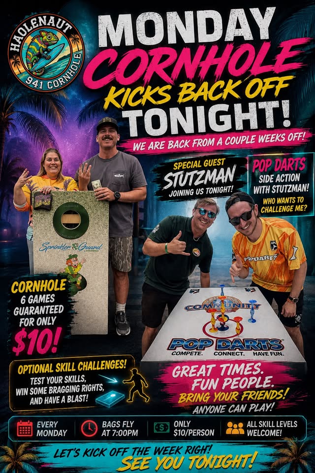 Monday cornhole event poster with players
